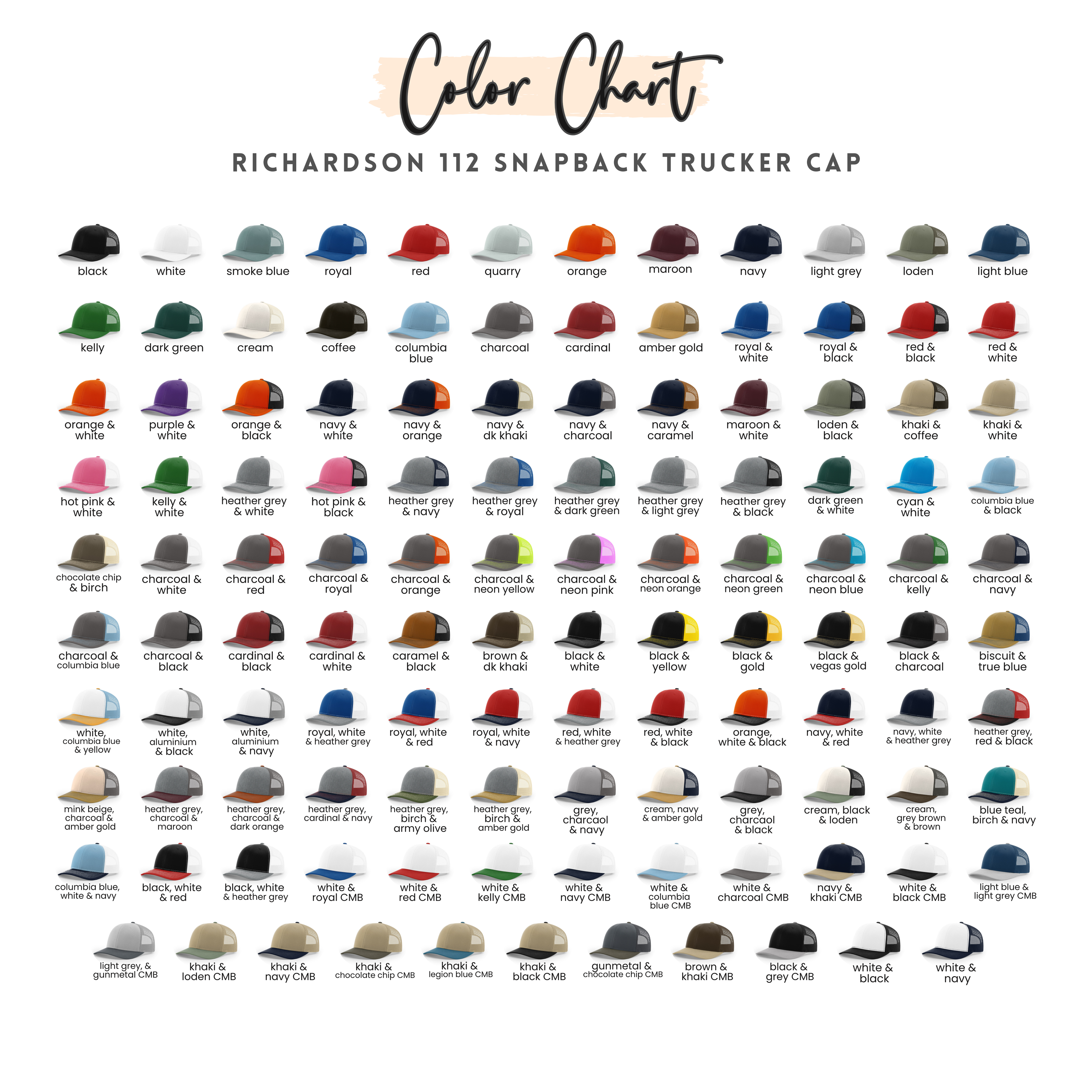 Color chart for Richardson 112 snapback trucker cap with various color combinations.