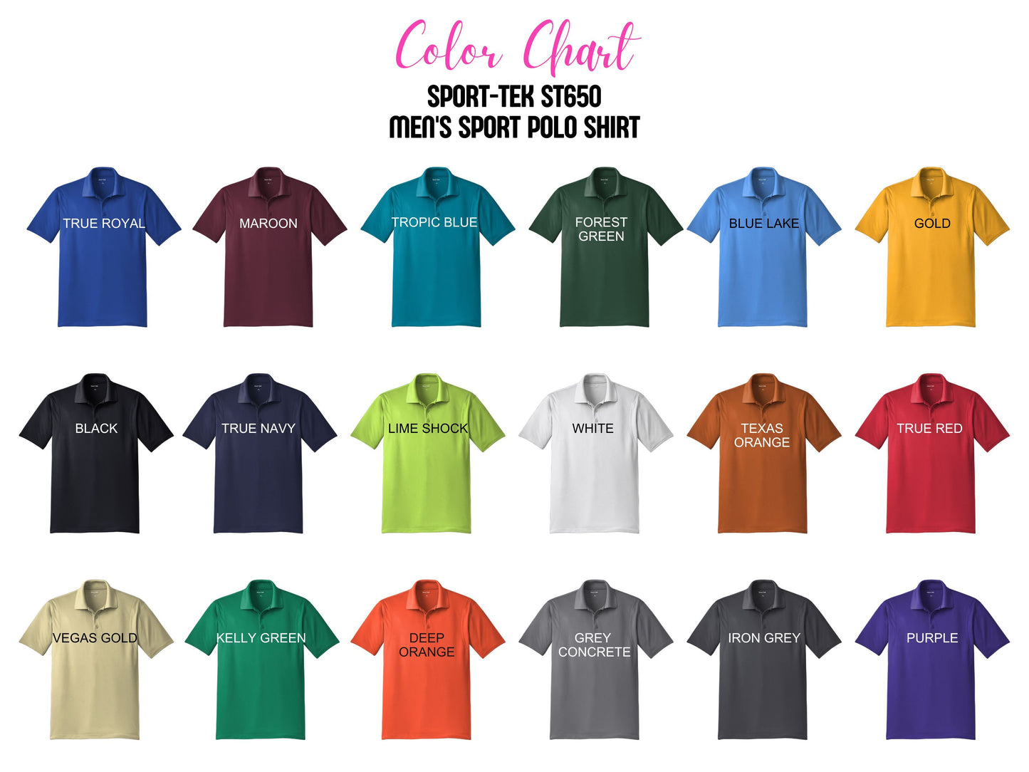 Color chart of Sport-Tek men's sport polo shirts in various colors.