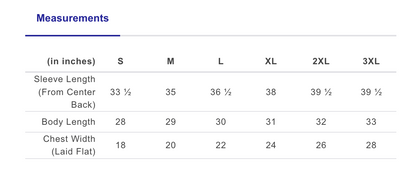 Measurement chart for clothing sizes S to 3XL with sleeve length, body length, and chest width dimensions.