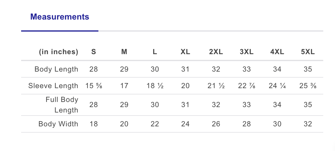 Measurement chart for clothing sizes in inches