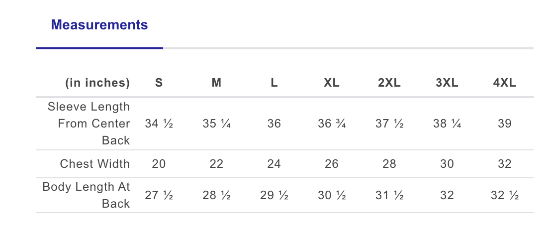 Measurement chart for sleeve length, chest width, and body length at back in inches.