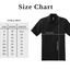 Black polo shirt with size chart on a white background