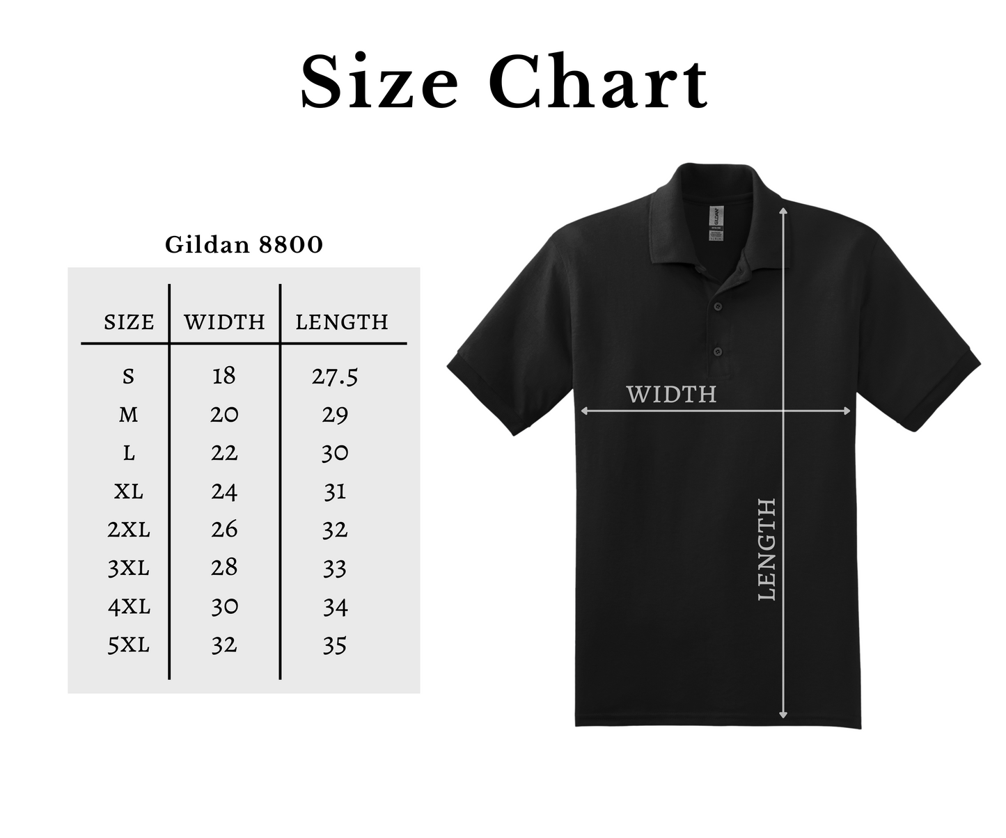 Black polo shirt with size chart on a white background