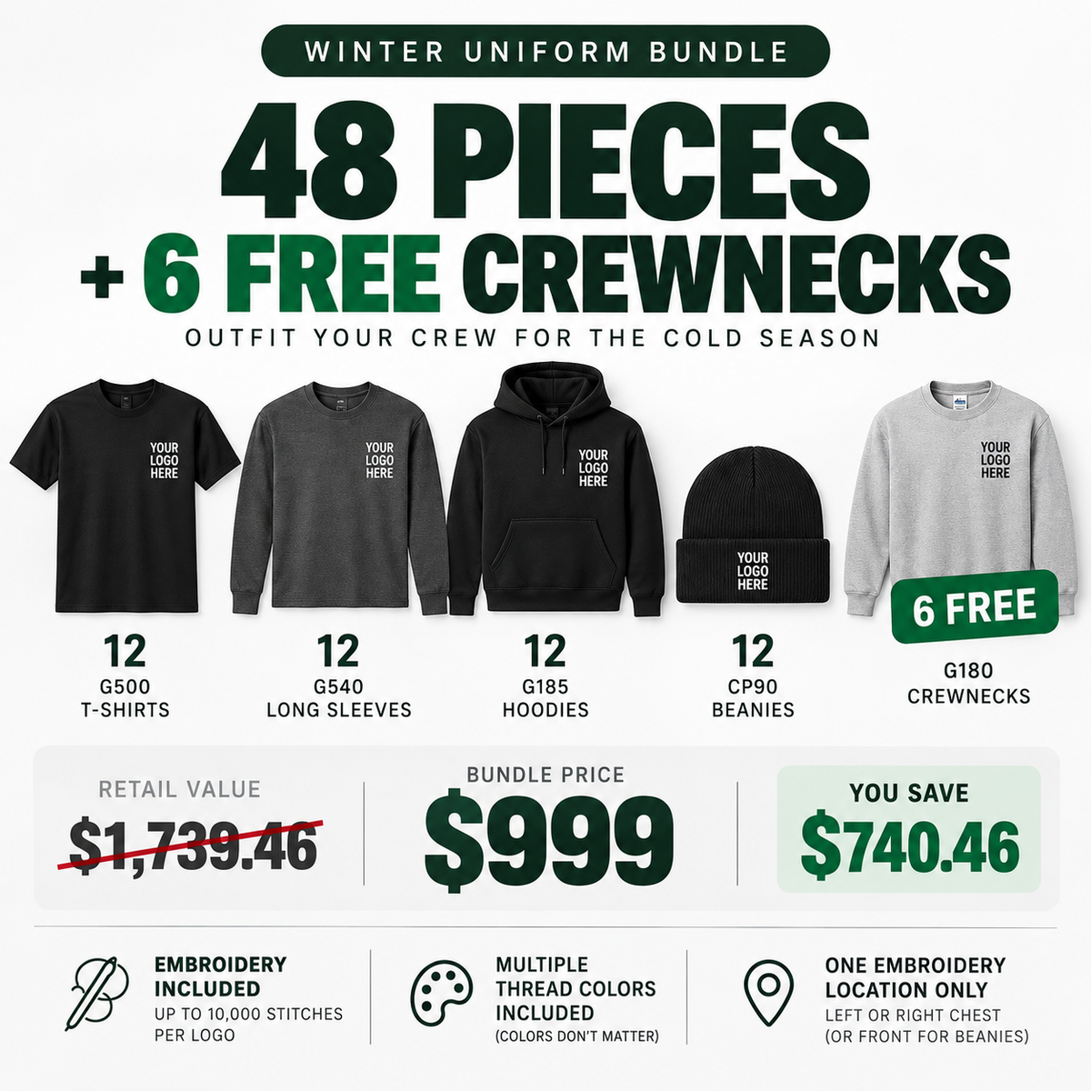 Winter Uniform Bundle – 48 Embroidered Pieces + 6 FREE Crewnecks