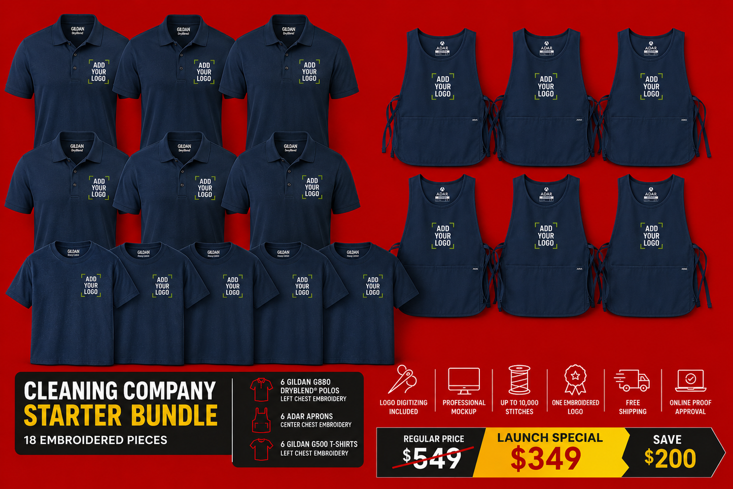 Cleaning Company Starter Bundle | 18 Embroidered Uniform Pieces