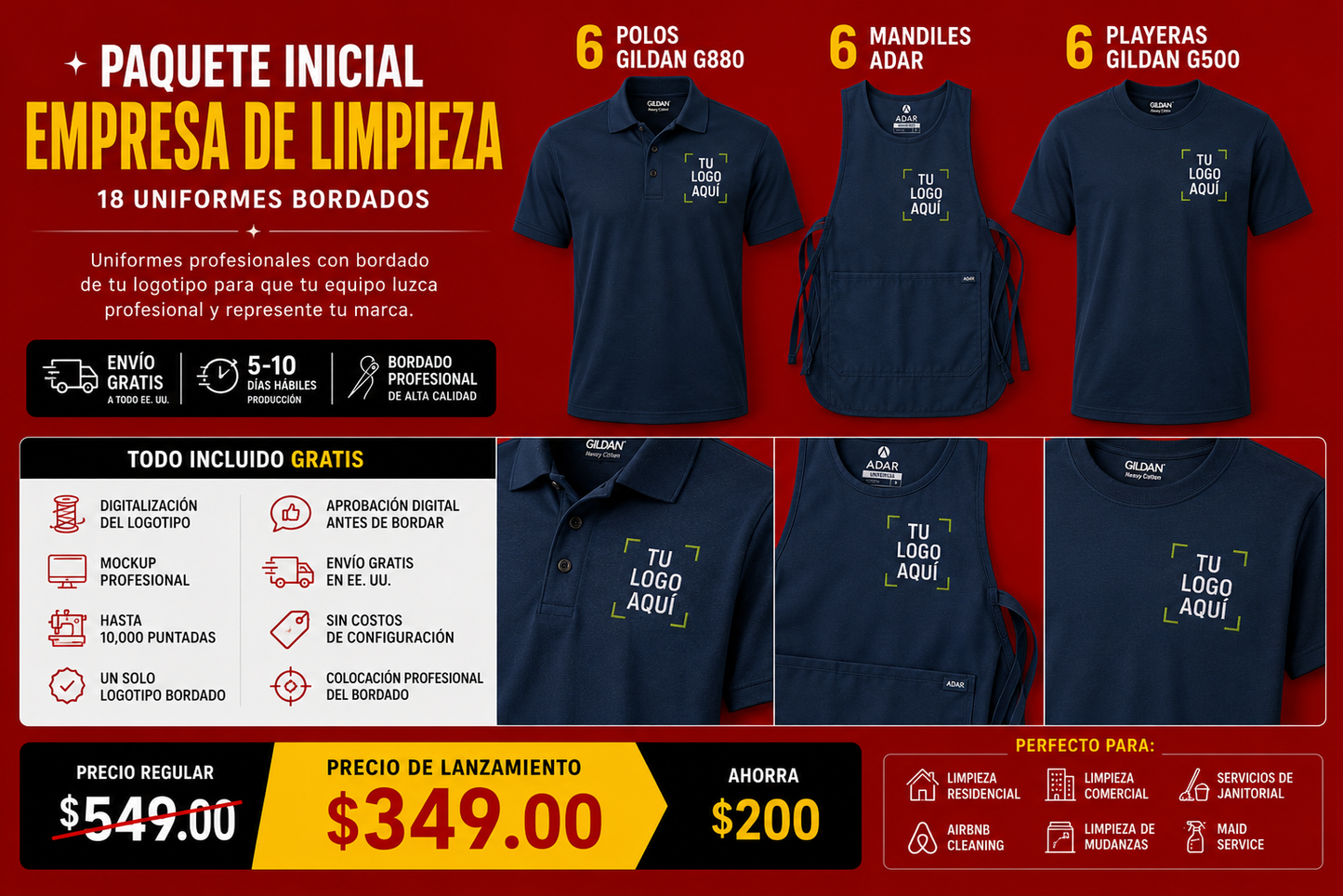 Cleaning Company Starter Bundle | 18 Embroidered Uniform Pieces