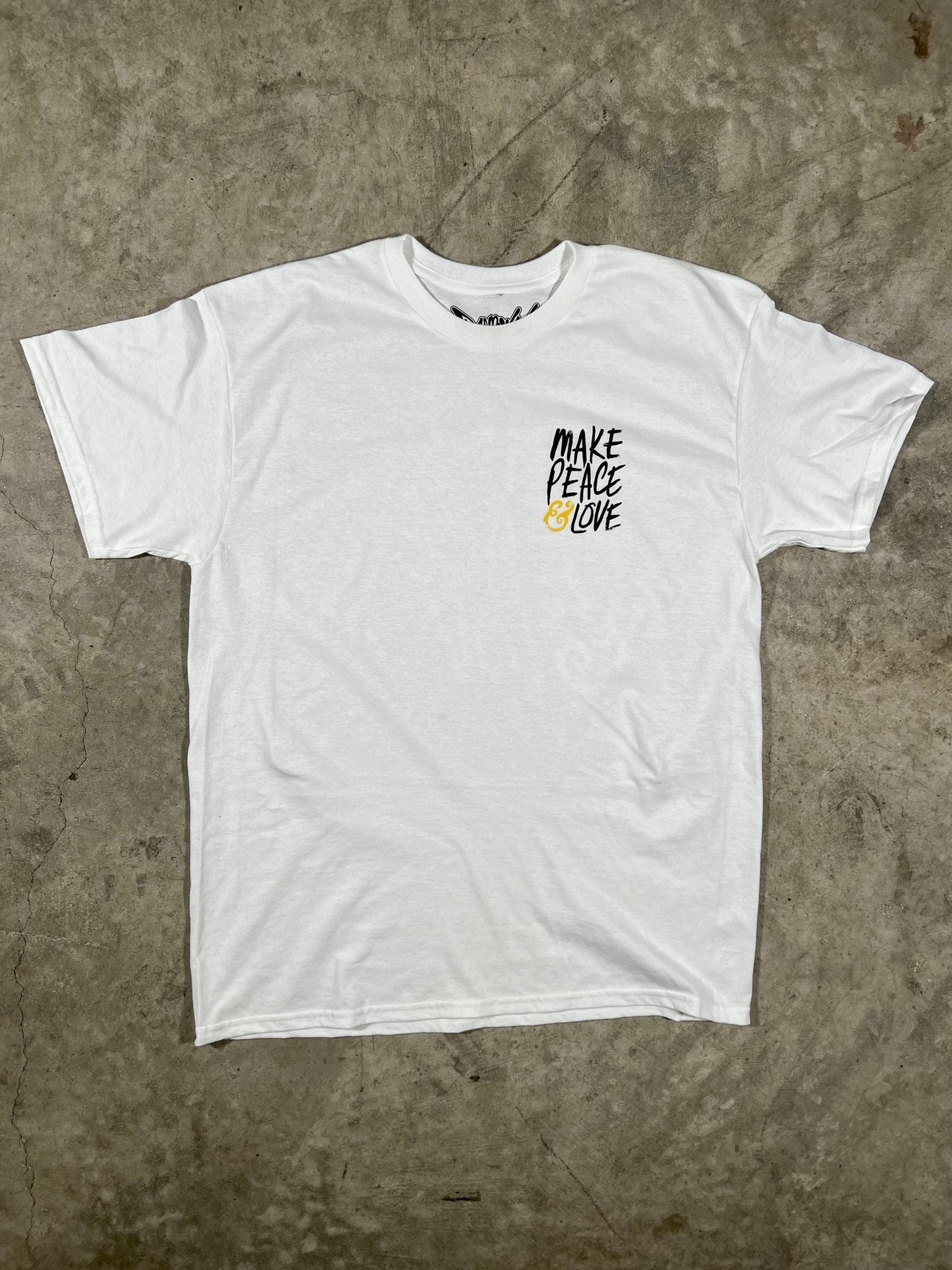 "Front view of MAKE PEACE & LOVE T-Shirt with bold front print, made from 100% combed ringspun cotton."