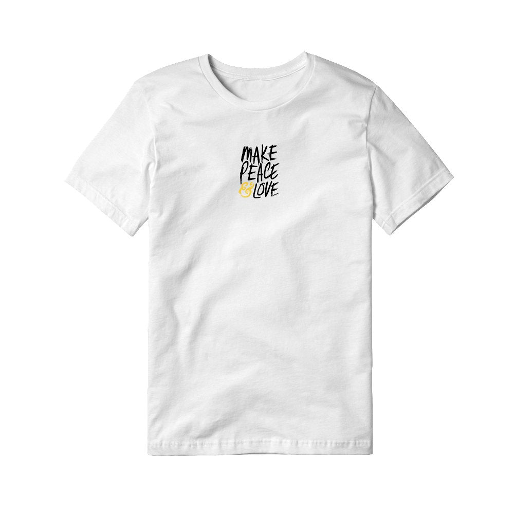 "Make Peace & Love T-Shirt in Small with Front Print, 100% Preshrunk Cotton, Unisex Design, Affordable Clothing, Comfortable and Durable Tee Promoting Peace & Love"