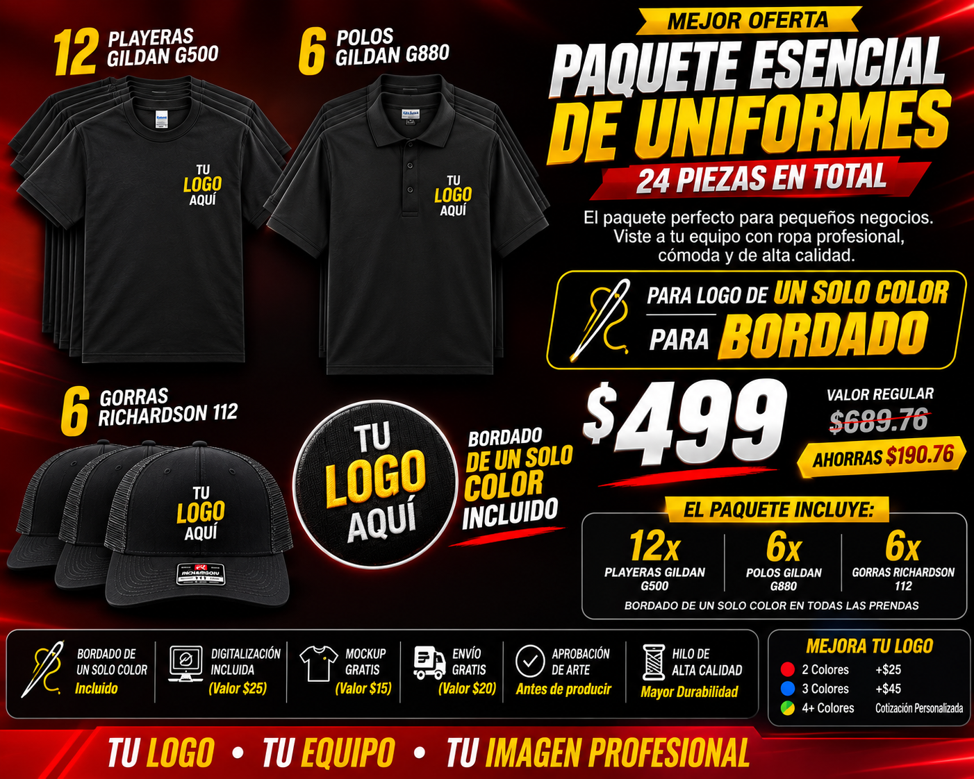Essential Uniform Bundle – 24 Piece One-Color Embroidery Package